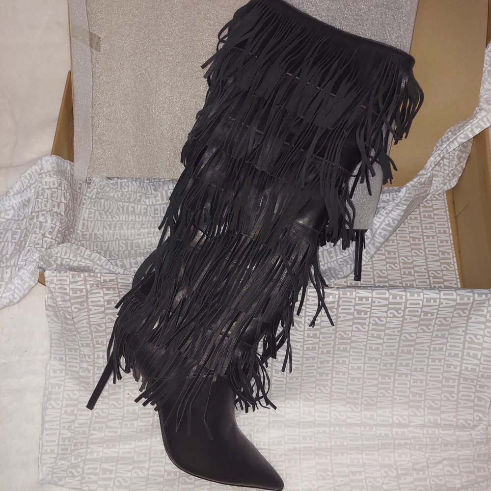 Steve Madden Black Fringe Heeled Boots